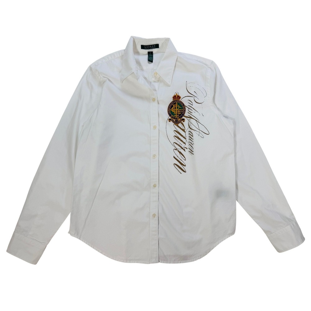 Lauren Ralph Lauren Women's White Patch Crest Button Down Shirt Size M Old Money - Picture 2 of 8